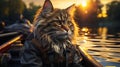 cartoon character a fisherman cat in boat fishing in a lake river in water in summer morning at sunrise Royalty Free Stock Photo