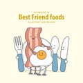 Cartoon character of Fork, Plate, Spoon, Knife, Bacon, Fried egg