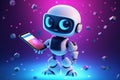 Cartoon character, friendly robot chatbot holding a smartphone on neon background. Generative AI