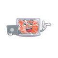Cartoon character of frozen salmon clever student studying with a laptop
