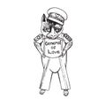 Cartoon character of funky cat in soviet military form with inscription `General of love`, hand drawn doodle sketch