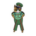 Cartoon character of funky cat in soviet military form with inscription