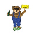 Cartoon character of funky dog clothed in overalls and slippers in sunglasses holding beer bottle and banner beer time dude