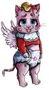 Cartoon character, funny kitten Cupid with big eyes, fluffy eyelashes and angel wings, in diaper, with bow-knot, with protruding