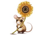 Cartoon character funny mouse with sunflower