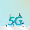 Cartoon character with 5G network wireless technology. Young people use smartphone ,tablet and laptop high-speed internet on the Royalty Free Stock Photo