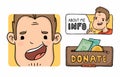 Cartoon character gamer avatar portrait and donate buttons