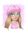 Cartoon character of a girl with big eyes. Girl in a pink beret and pink vest..