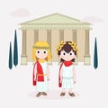 Cartoon character Girl and boy wearing ancient costume. Ancient Rome for children. Vector illustration with Temple and trees on