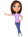 Cartoon character girl leaned against a blank board. 3d rendering. Illustration for advertising