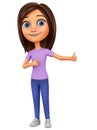 Cartoon character girl points to the thumb up. 3d rendering. Illustration for advertising