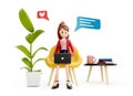 Cartoon character girl sits at the table with a laptop. Concept of distance work, study and communication. Coder