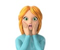Cartoon character girl with a surprised face and open mouth close-up on a white background. Isolate of a red - haired woman. 3D