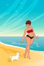 Cartoon character. girl wearing bikini. woman walking with the dog at the beach. vector illustration Royalty Free Stock Photo