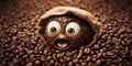 Cartoon character with glasses sticking head out of coffee bean pile