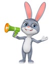 Cartoon character gray rabbit with megaphone on white background. 3d rendering. Illustration for advertising