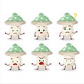Cartoon character of green amanita with what expression