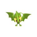 Cartoon character of green baby dragon with big yellow eyes. Mythical fantastic animal with large wings, and long tail
