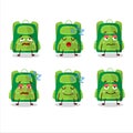 Cartoon character of green school bag with sleepy expression