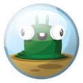 Cartoon character of a green slug monster with eyes standing out smiling and standing on brown ground vector illustration in light