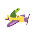 Green turtle flying on yellow plane with purple wings and propeller. Funny pilot of airplane. Flat vector design for