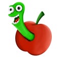 Cartoon character is a green worm in a red Apple on white background, illustration Royalty Free Stock Photo