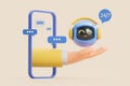 Cartoon character hand holding robot icon with speech bubbles and 24 7