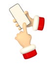 Cartoon character hands with smart phone, scrolling or searching for something. 3d render santa hand. Vector illustration
