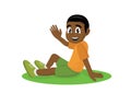 Cartoon character, Happiness African boy sitting on the grass.