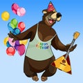 Cartoon character happy bear with a balalaika on holiday