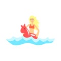 Happy blond girl in red swimsuit having fun with red rubber animal swim ring