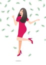 Cartoon character with Happy businesswoman jumping surrounded by green money bills falling vector Royalty Free Stock Photo