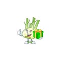 Cartoon character of happy fennel with gift box