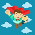 Cartoon character happy pupil or student, excited face bring pencil flying in sky, back to school fantasy concept. Royalty Free Stock Photo