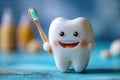 Cartoon character happy smiling healthy white tooth holding toothbrush in hand on blue background Royalty Free Stock Photo