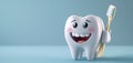 Cartoon character happy smiling healthy white tooth holding toothbrush in hand on blue isolated background Royalty Free Stock Photo