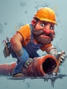 A cartoon character with a hard hat and orange vest is holding pipe, AI