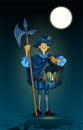 Cartoon character, historical guard with a lantern and halberd. Vector illustration.