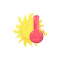 Cartoon character of hot sweating thermometer, yellow sun behind him. Colorful flat vector element for mobile