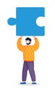 Cartoon character with huge blue piece of puzzle, part of business project, vector cartoon portrait