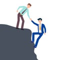 Cartoon character illustration of business friend helping each other. Business man giving hand to climb from problem. Flat design Royalty Free Stock Photo