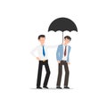 Cartoon character illustration of business friend helping each other. Business man giving umbrella. Flat design concept isolated