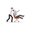 Cartoon character illustration of employee worker staff office playing together with pushing chair. Flat design isolated on white