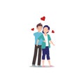 Cartoon character illustration of happy couple and lover. Boyfriend cuddling girlfriend with romantic. Flat design isolated on