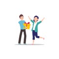 Cartoon character illustration of happy couple and lover. Boyfriend giving gifts to girlfriend. Flat design isolated on white