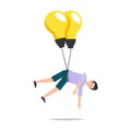 Cartoon character illustration of man thought. Flat design of young man flying with light bulbs balloon isolated on white