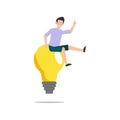 Cartoon character illustration of man thought. Flat design of young man sitting on light bulbs balloon isolated white background