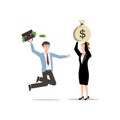 Cartoon character illustration of successful young business couple feeling happy. They got a lot of money. Flat design isolated on Royalty Free Stock Photo