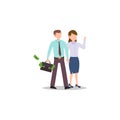 Cartoon character illustration of successful young business couple walking together and bringing briefcase with full of cash. Flat Royalty Free Stock Photo