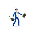 Cartoon character illustration of successful young business man with briefcase full of money. Flat design isolated on white Royalty Free Stock Photo